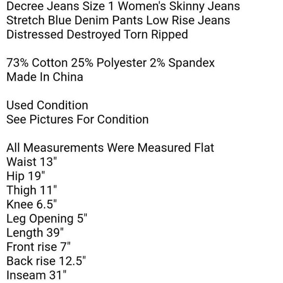 Decree Jeans Size 1 Women's Skinny Jeans Stretch Blue Denim Pants Low Rise Jeans - Picture 7 of 7